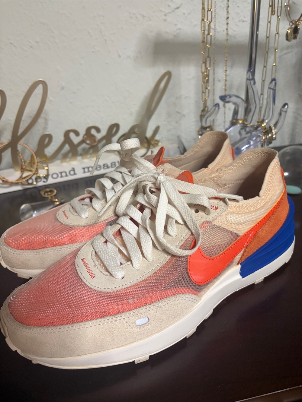 Nike Peach & Bright Orange Low-Top with Blue Heel Accent